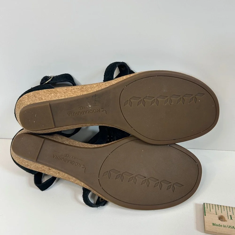 Koolaburra Boho Laser Cut Wedge Sandals 9 Black Suede Coastal Cowgirl Festival